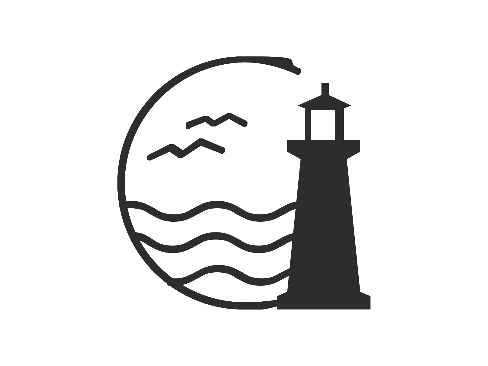 Icon: Halbkreis und der Scherenschnitt eines Leuchtturms am Meer