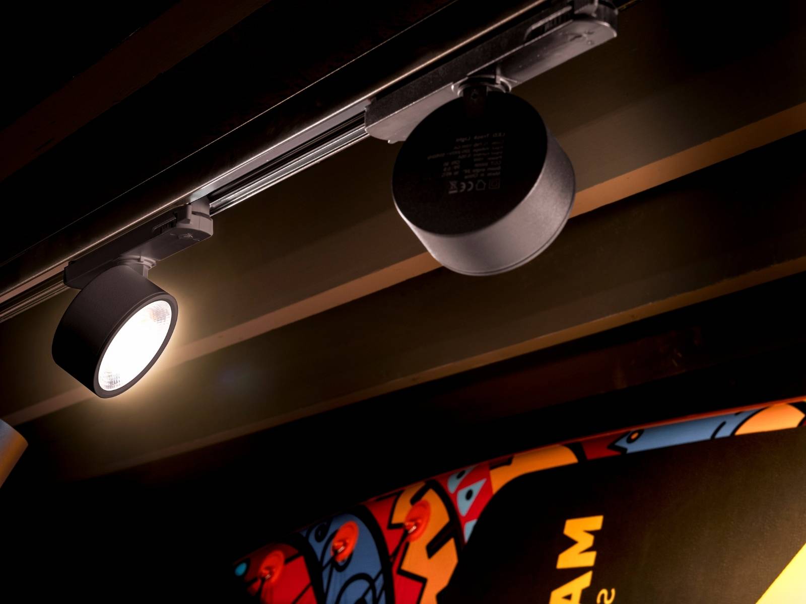 KALU 2.0 als Schienenspot beleuchtet eine Holzwand