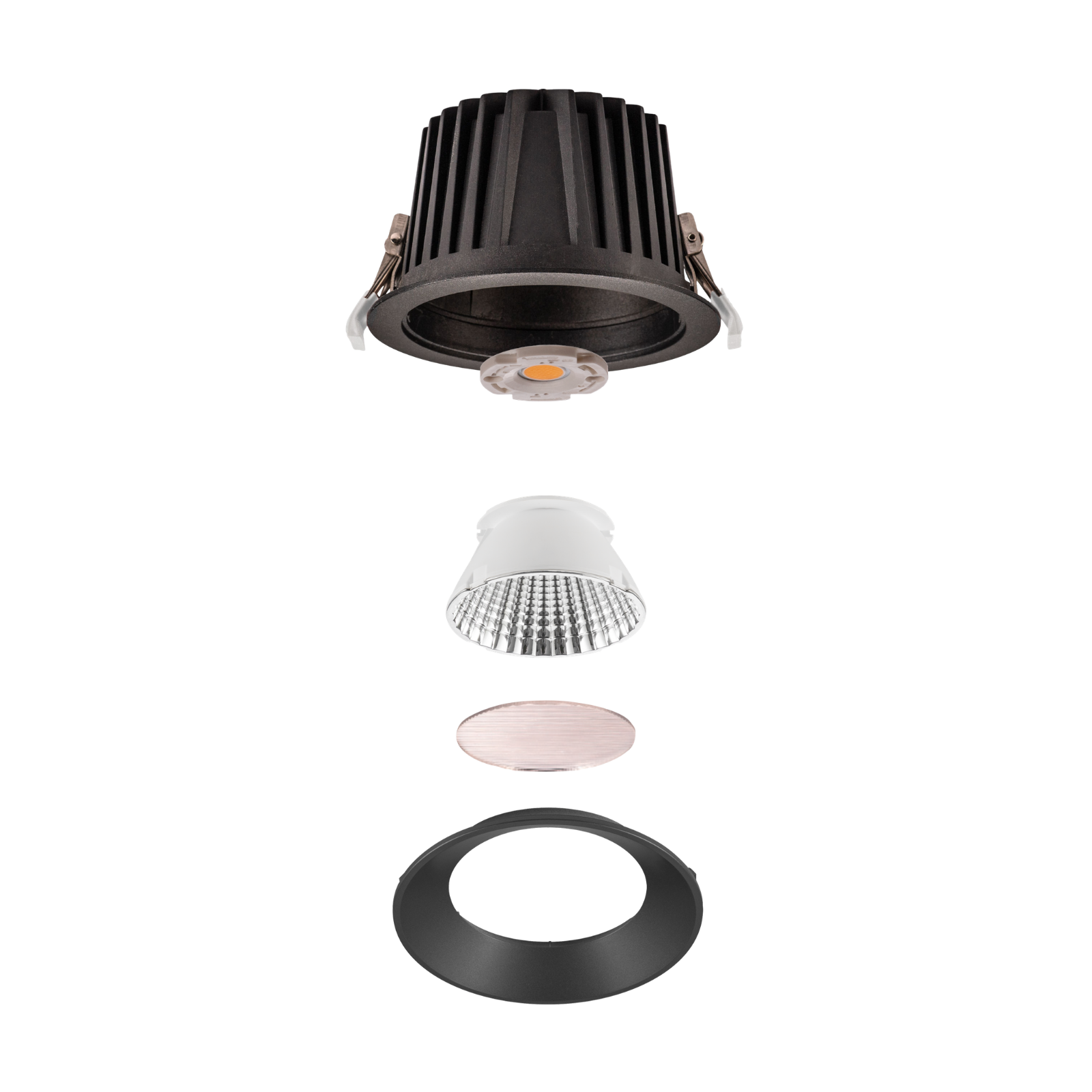 Explosionsgrafik eines NUMINOS® Downlight mit sichtbaren Komponenten, darunter Gehäuse, Reflektor und Linse.