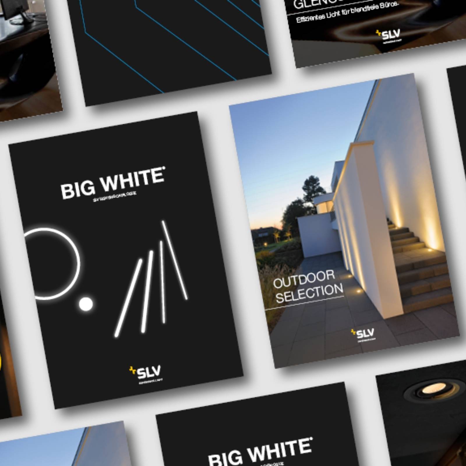 Kollage verschiedener SLV-Katalog-Cover, darunter der schwarze Gesamtkatalog „BIG WHITE“ und die Broschüre „OUTDOOR SELECTION“ mit beleuchteter Außenarchitektur.