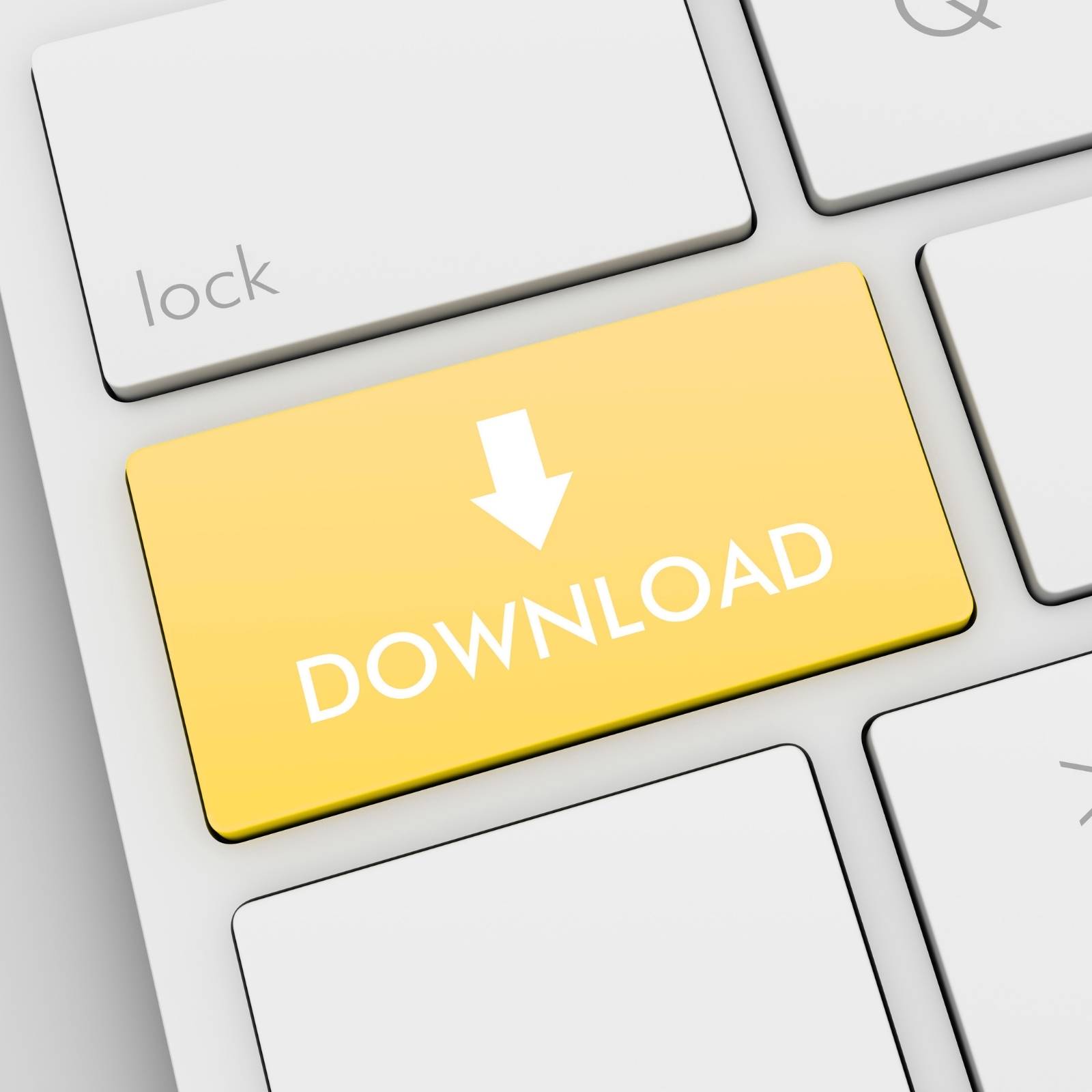 Nahaufnahme einer Computertastatur mit einer auffällig gelb hervorgehobenen Taste, auf der das Wort „DOWNLOAD“ sowie ein nach unten zeigender weißer Pfeil abgebildet sind.