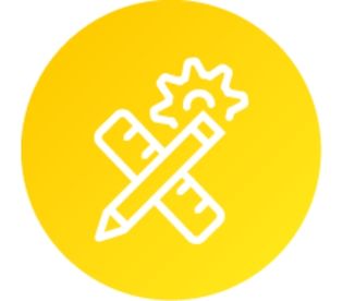 Icon mit Bleistift, Lineal und Zahnrad als Symbol für kreative Gestaltung oder Planung.