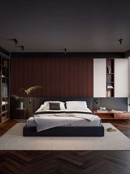 Modernes Schlafzimmer mit schwarzen Deckenstrahlern und Wandleuchten am Bett