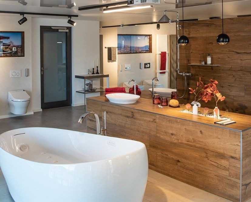 Exklusiver Showroom mit freistehender Badewanne, Holzverkleidungen und schwarzen Kugelleuchten über dem Waschtisch