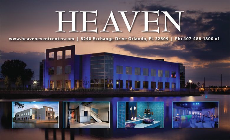 Exterior view of Heaven Event Center in Orlando, FL, with blue lighting and interior snapshots showcasing event spaces. Contact info included.