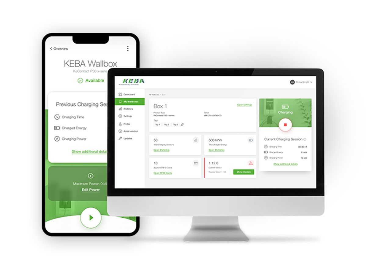 KEBA Wallbox app on a smartphone and portal dashboard on a computer screen.
