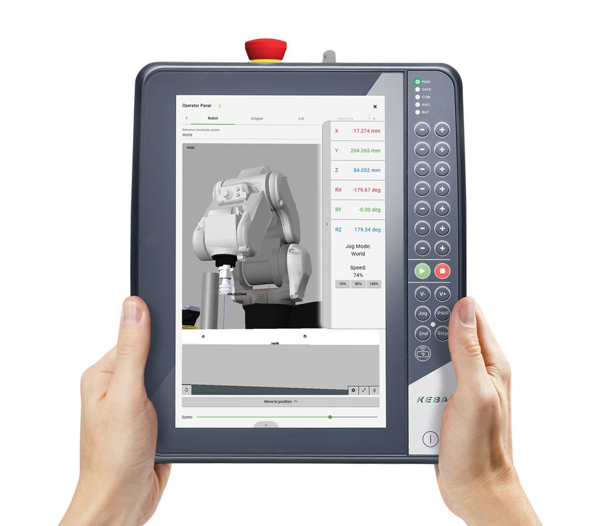 Hands hold a KEBA KeTop panel showing robot control.