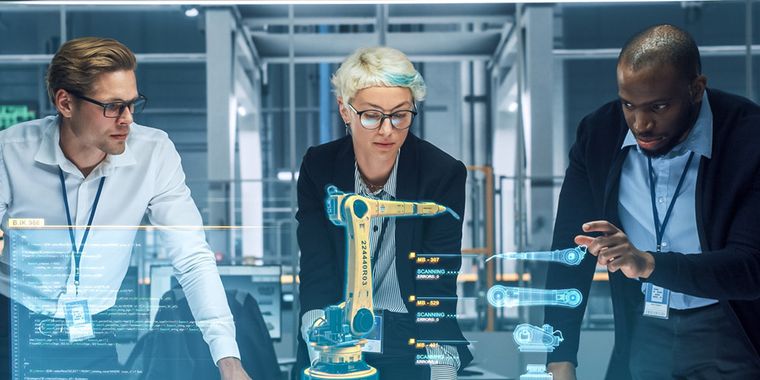 3 people observe visualized, digital robot