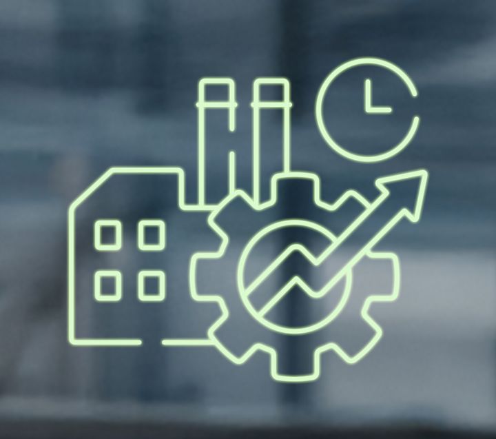Icon of a factory with a gear and arrow