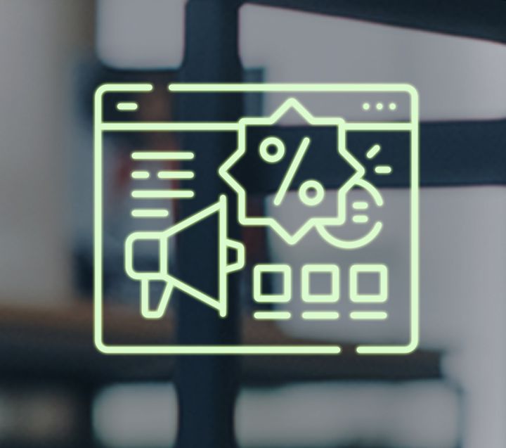 Symbol einer Webseite mit Megafon und Prozentzeichen