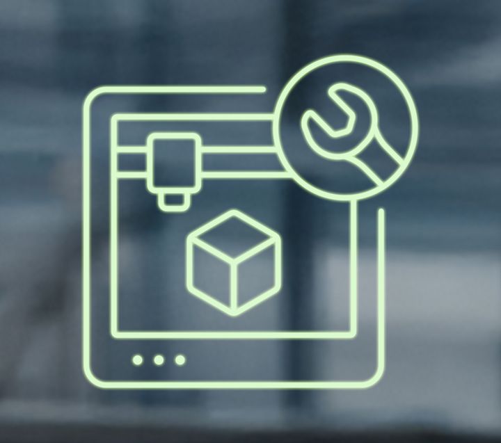 Icon of a display with a wrench and cube