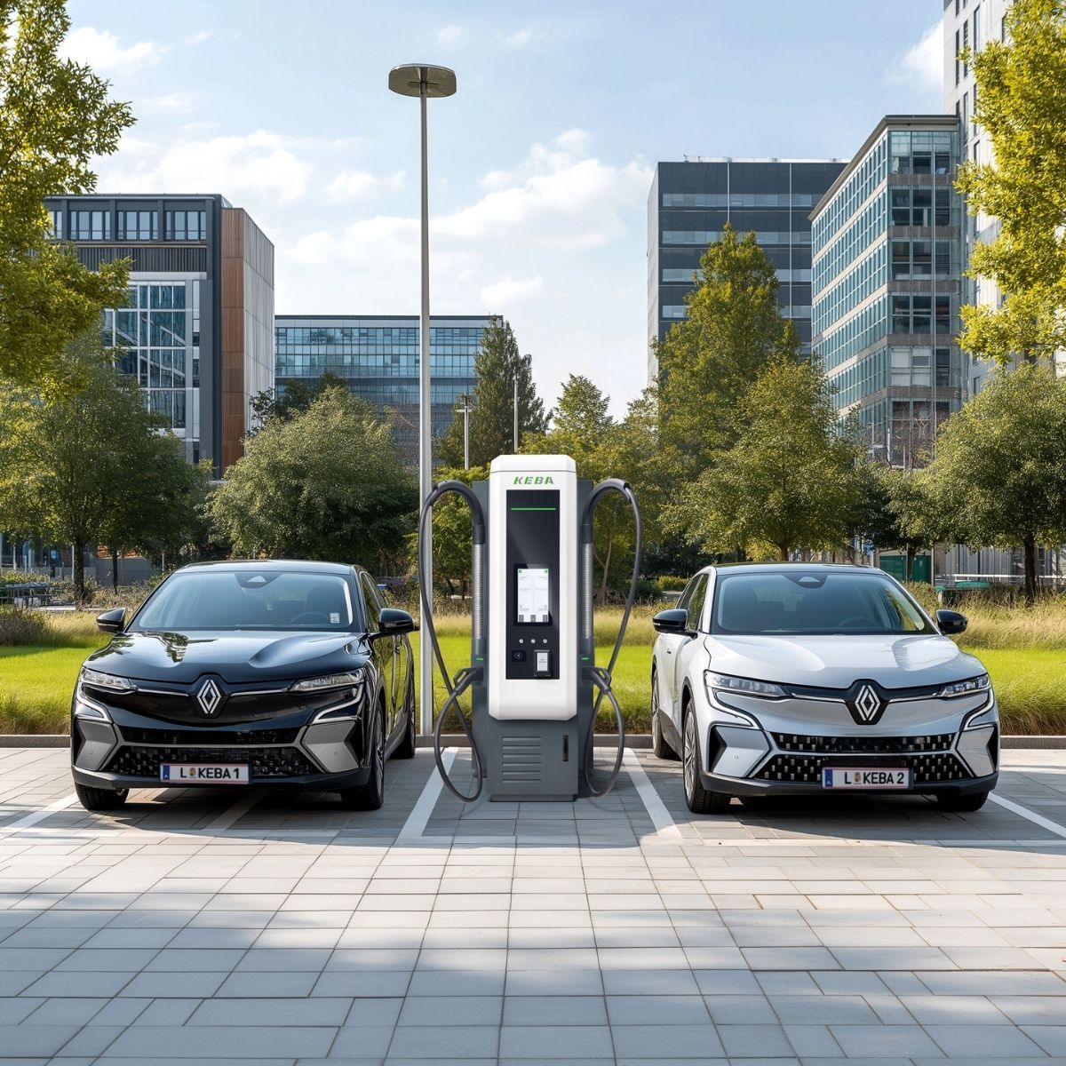 Zwei Elektroautos stehen auf einem Parkplatz und laden an einer KeContact DCA20 Ladestation. Im Hintergrund sind Bäume sowie moderne Bürogebäude unter hellem Tageslicht zu sehen.