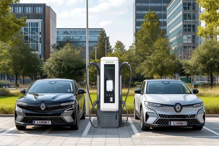 Zwei Elektroautos stehen auf einem Parkplatz und laden an einer KeContact DCA20 Ladestation. Im Hintergrund sind Bäume sowie moderne Bürogebäude unter hellem Tageslicht zu sehen.