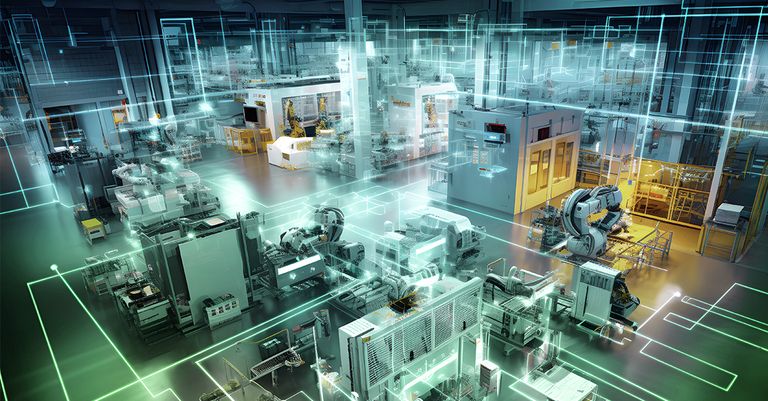 Futuristisches Fabrikinterieur mit modernsten Maschinen und digitalen Einblendungen, das hochtechnologische automatisierte Fertigungsprozesse zeigt.