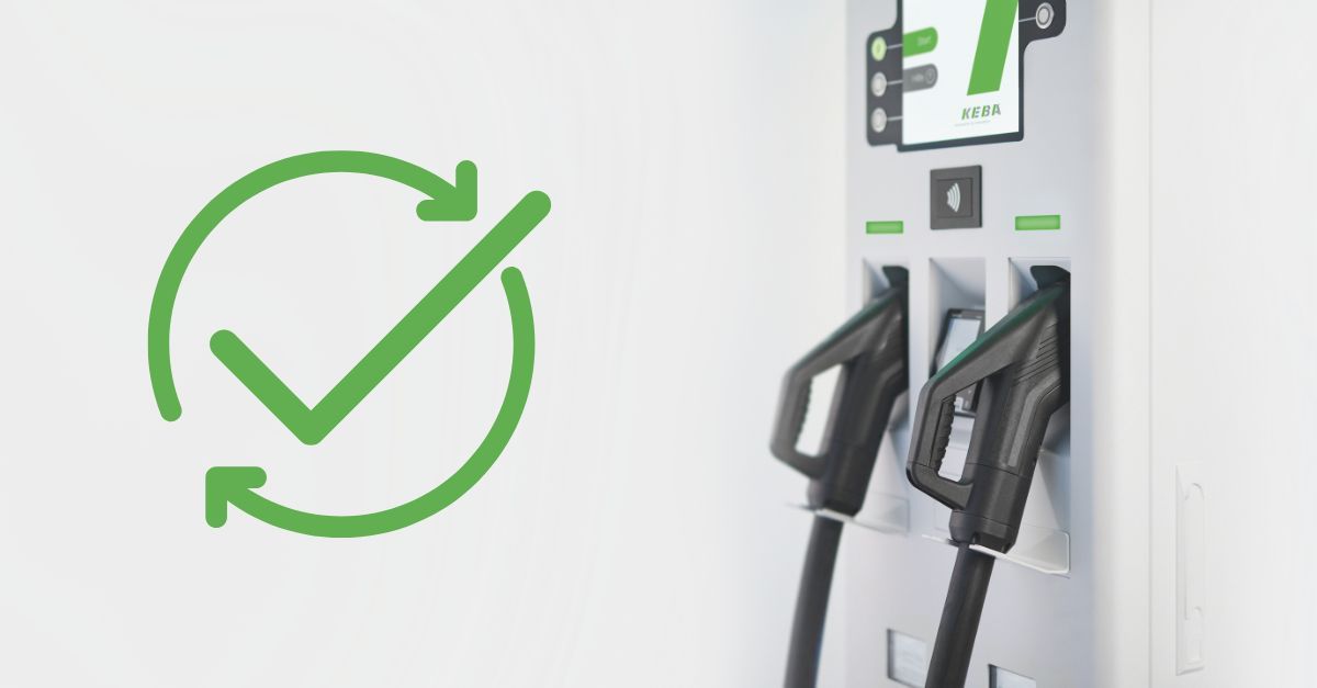 Electric vehicle charging station with two nozzles, featuring a green checkmark symbol on a white background.