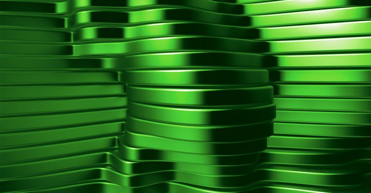Abstract, green, layered surface structure with a metallic look, symbolizing modular industrial components and technological networking.