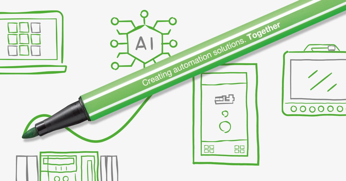 Pennarello verde con la scritta «Creating automation solutions» che traccia una linea. Sullo sfondo si vedono illustrazioni verdi stilizzate di elementi industriali e di automazione, tra cui un pannello di controllo, un laptop, un monitor e un simbolo stilizzato dell’IA con la scritta «AI»