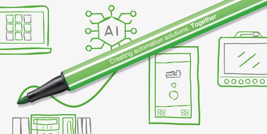 Pennarello verde con la scritta «Creating automation solutions» che traccia una linea. Sullo sfondo si vedono illustrazioni verdi stilizzate di elementi industriali e di automazione, tra cui un pannello di controllo, un laptop, un monitor e un simbolo stilizzato dell’IA con la scritta «AI»
