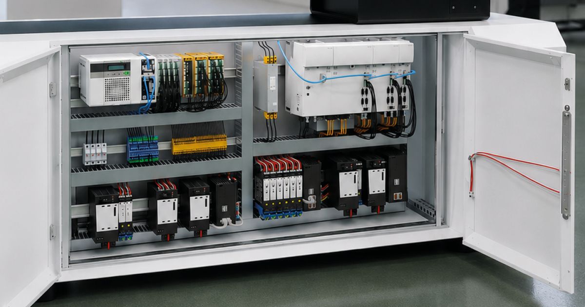 Geöffneter Schaltschrank einer Spritzgießmaschine mit Antriebsreglern, Motion Controllern, Sicherheitssteuerung, Netzteilen und weiterer Automatisierungshardware sowie sauber strukturierter Verkabelung.