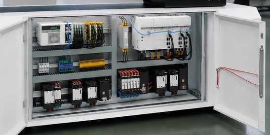 Geöffneter Schaltschrank einer Spritzgießmaschine mit Antriebsreglern, Motion Controllern, Sicherheitssteuerung, Netzteilen und weiterer Automatisierungshardware sowie sauber strukturierter Verkabelung.