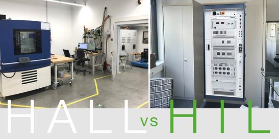 Two-part photo - on the left a laboratory workstation with blue and white climatic chamber on rollers, cable harnesses, workbench and chair and open passage to a test bench with motor. Yellow floor markings indicate the test area. (HALL),  On the right an open white cabinet with several rows of control and measurement modules, relays, fuses and cable connections in an office environment. (HIL)