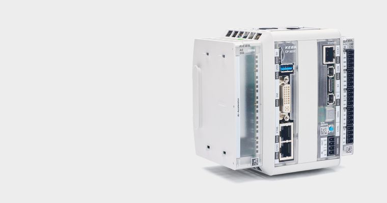 KEBA AI-Modul mit mehreren Anschlüssen, darunter USB und VGA, auf weißem Hintergrund.