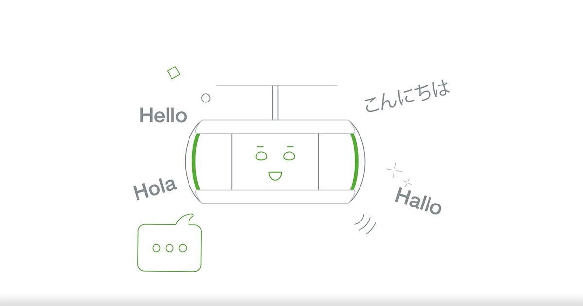 Minimalistic illustration of a smiling robot face with speech bubbles saying "Hello," "Hola," "Hallo," and "こんにちは" against a white background.