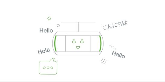 Minimalistic illustration of a smiling robot face with speech bubbles saying "Hello," "Hola," "Hallo," and "こんにちは" against a white background.
