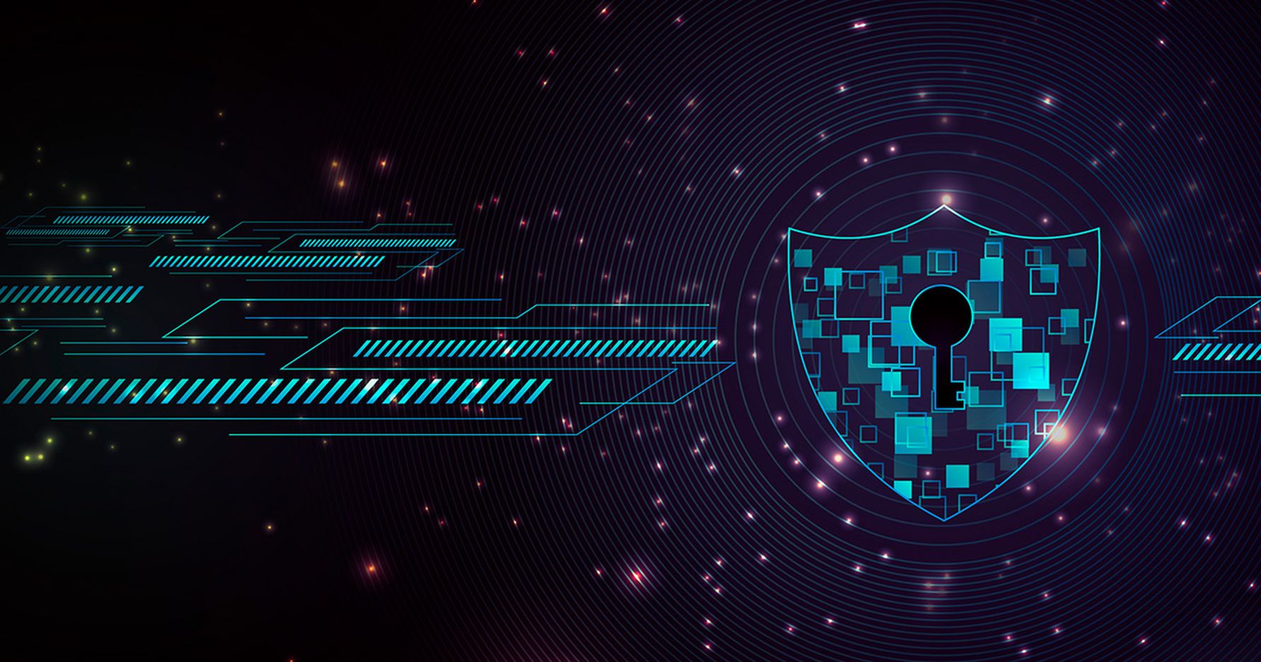 Digitales Schutzschild mit Schlüsselloch als Symbol für Cybersicherheit und Datenschutz.