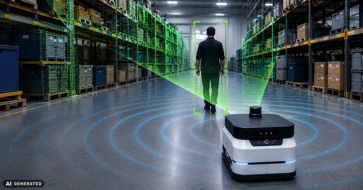 Autonomer mobiler Roboter in einem Lagergang. Sensorlinien visualisieren die Umgebungserfassung und erkennen eine vorausgehende Person sowie die Regale auf beiden Seiten.