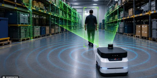 Autonomer mobiler Roboter in einem Lagergang. Sensorlinien visualisieren die Umgebungserfassung und erkennen eine vorausgehende Person sowie die Regale auf beiden Seiten.