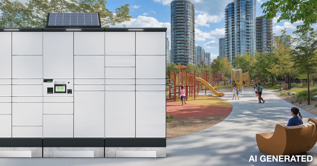 Moderne Parkszene mit solarbetriebener Paketstation, Spielplatz und Personen auf einem Gehweg. Im Hintergrund Hochhäuser und Bäume.
