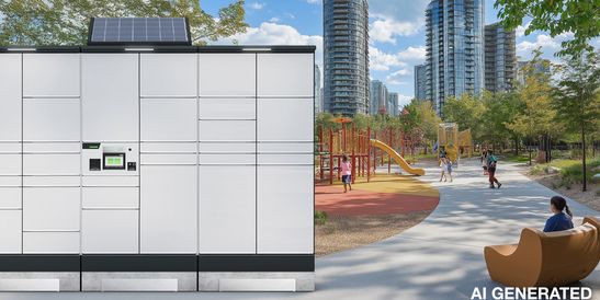 Moderne Parkszene mit solarbetriebener Paketstation, Spielplatz und Personen auf einem Gehweg. Im Hintergrund Hochhäuser und Bäume.