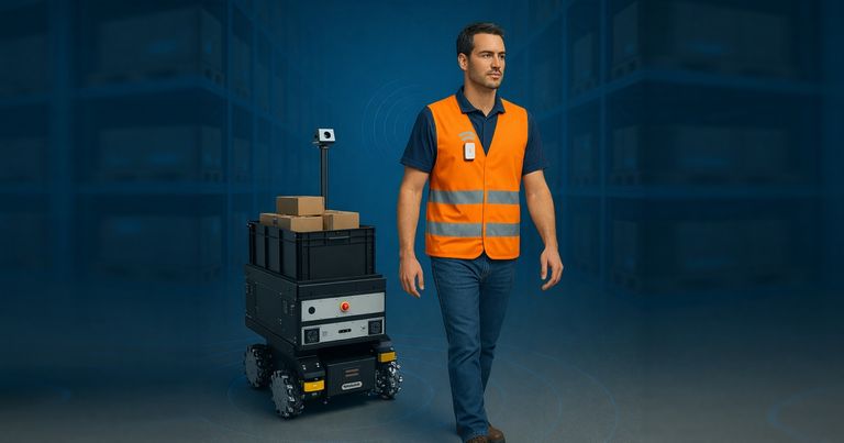 A warehouse worker wearing an orange safety vest walks alongside an autonomous mobile robot transporting stacked boxes in a modern warehouse environment.