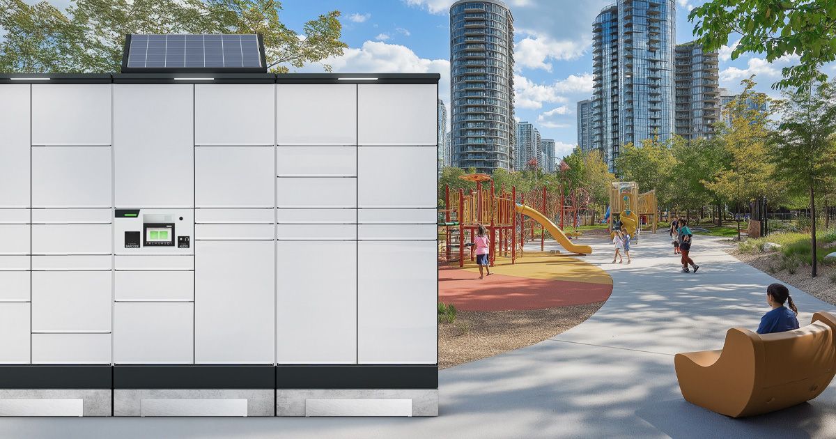 Modern park scene with a solar-powered locker, playground, and people walking on a path. High-rise buildings and trees in the background.