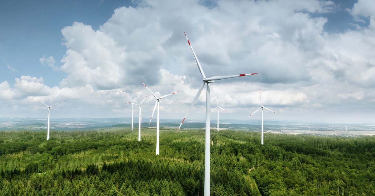 Panoramabild eines weitläufigen Waldes mit mehreren modernen Windkraftanlagen, die über den Baumwipfeln stehen. Das Bild symbolisiert nachhaltige Energieversorgung, ökologische Verantwortung und den Einsatz präziser Automatisierungs- und Steuerungstechnik zur effizienten Nutzung erneuerbarer Energiequellen.