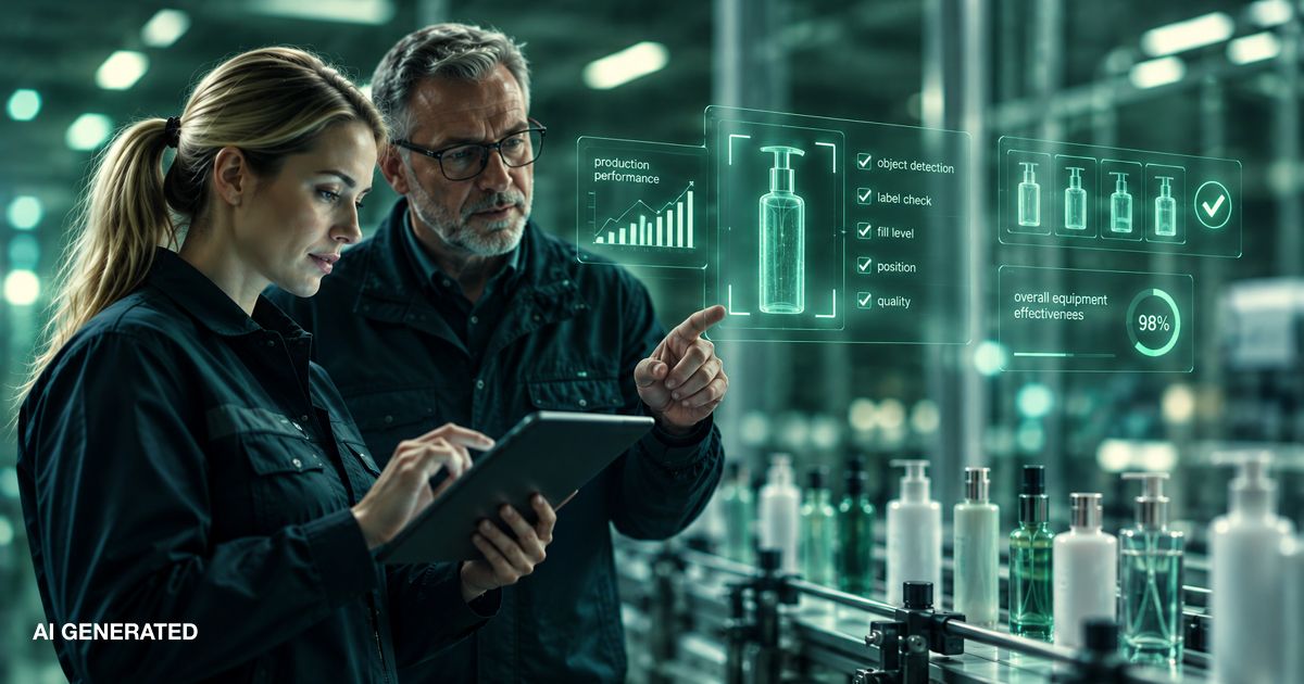 Zwei Ingenieure analysieren KI-gestützte Produktionsdaten auf einem digitalen Dashboard in einer intelligenten Fabrik.