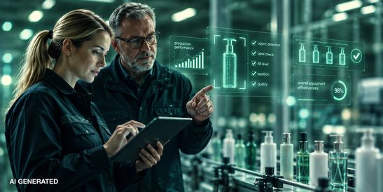 Zwei Ingenieure analysieren KI-gestützte Produktionsdaten auf einem digitalen Dashboard in einer intelligenten Fabrik.