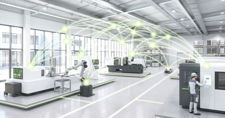 Modern production hall with machines, a robotic arm, a worker at a control panel, and graphic lines showing connections between the systems.