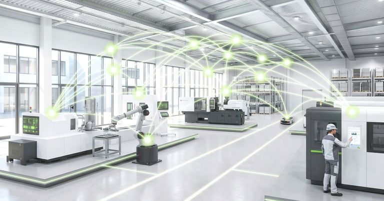 Modern production hall featuring machines, a robotic arm, an employee at a control panel, and graphically represented connections between the systems.