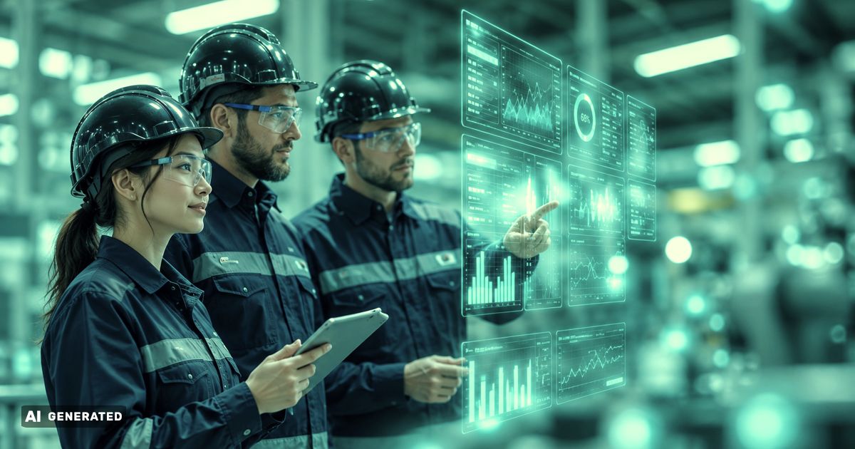 Three engineers review AI-powered production data on a digital dashboard in a smart factory.