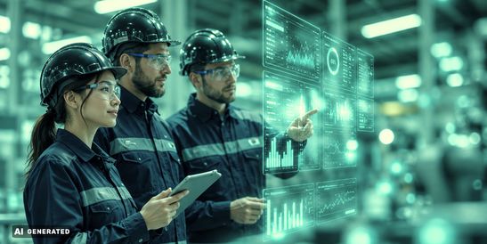 Three engineers review AI-powered production data on a digital dashboard in a smart factory.