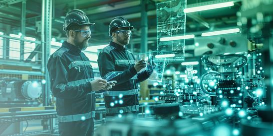 Zwei Ingenieure nutzen KI und Digital-Twin-Technologie, um automatisierte Fertigungsprozesse in einer Smart Factory zu überwachen und zu optimieren.