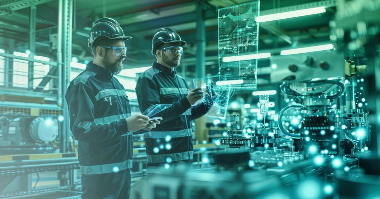 Zwei Ingenieure nutzen KI und Digital-Twin-Technologie, um automatisierte Fertigungsprozesse in einer Smart Factory zu überwachen und zu optimieren.