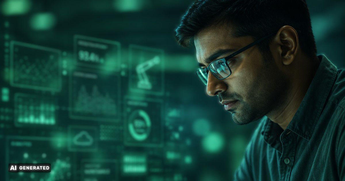 Engineer analyzing AI-powered production data and predictive maintenance insights on a digital dashboard in an industrial environment.