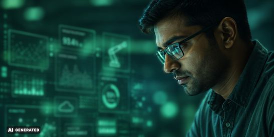 Engineer analyzing AI-powered production data and predictive maintenance insights on a digital dashboard in an industrial environment.
