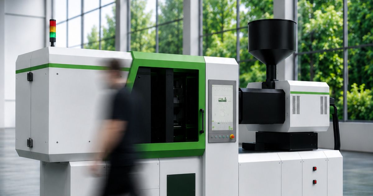 Moderne Spritzgießmaschine mit weiß-grünem Gehäuse in einer hellen Produktionshalle. Die Maschine verfügt über einen schwarzen Materialtrichter und ein Touch-Bedienpanel an der Vorderseite. Im Hintergrund sind große Fenster, grüne Bäume und eine vorbeigehende Person zu sehen.
