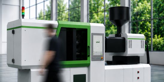 In einer hell beleuchteten Produktionshalle steht eine moderne industrielle Spritzgießmaschine mit weiß-grüner Verkleidung. An der Spritzeinheit ist ein schwarzer Materialtrichter angebracht, und an der Vorderseite befindet sich ein Touchscreen-Bedienfeld. Eine verschwommene Person geht an der Maschine vorbei, im Hintergrund sind große Fenster und grüne Bäume zu sehen.