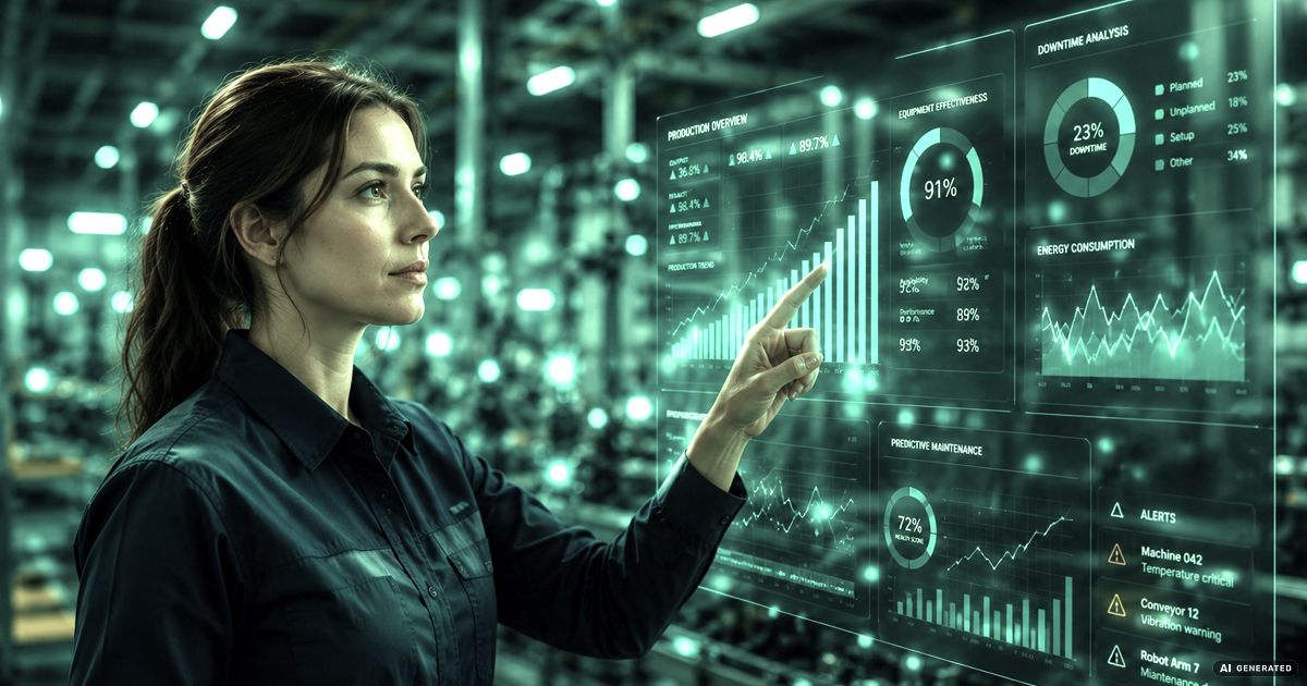 Ingenieur überwacht Produktionsdaten mit einem KI-Dashboard in einer Smart Factory.