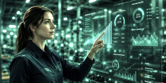 Ingenieur überwacht Produktionsdaten mit einem KI-Dashboard in einer Smart Factory.
